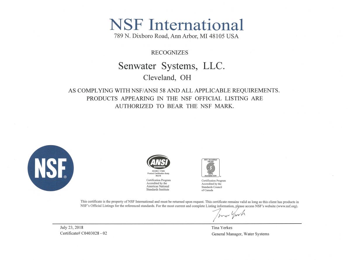 美国森乐公司(Senwater)正式通过NSF企业认证插图