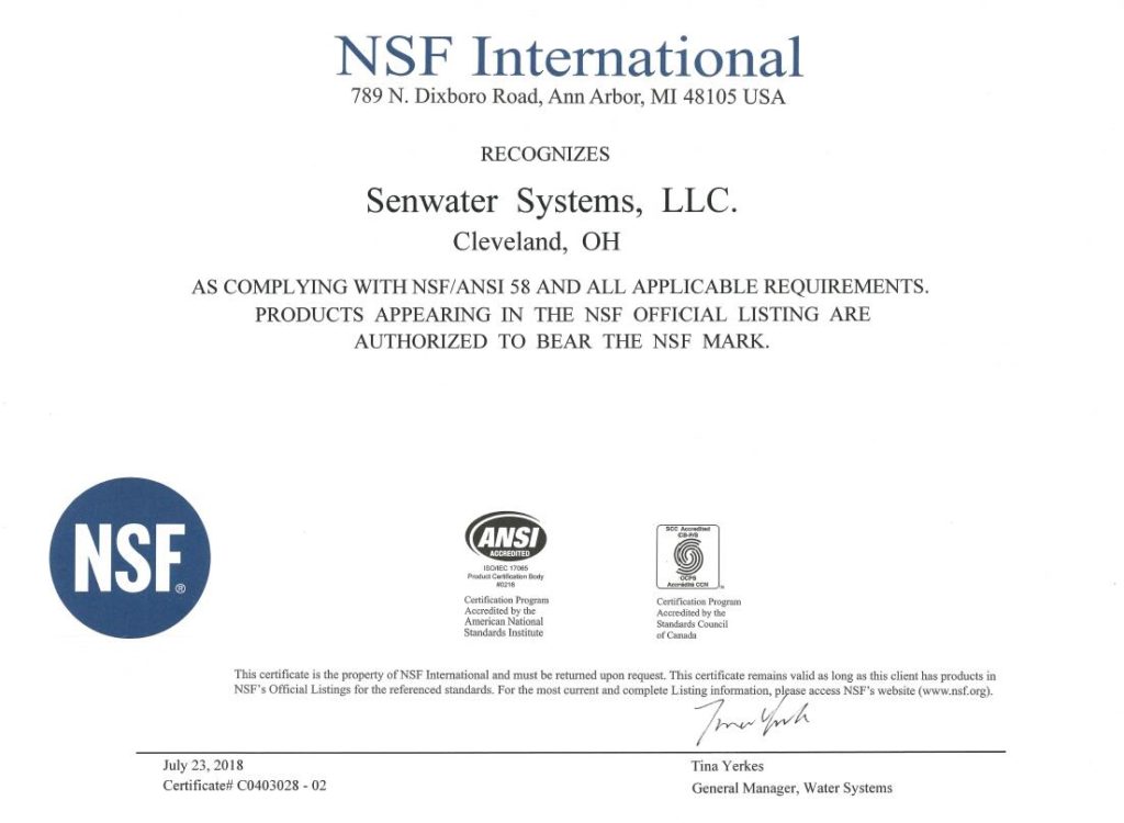 美国森乐是NSF认证的净水专业企业