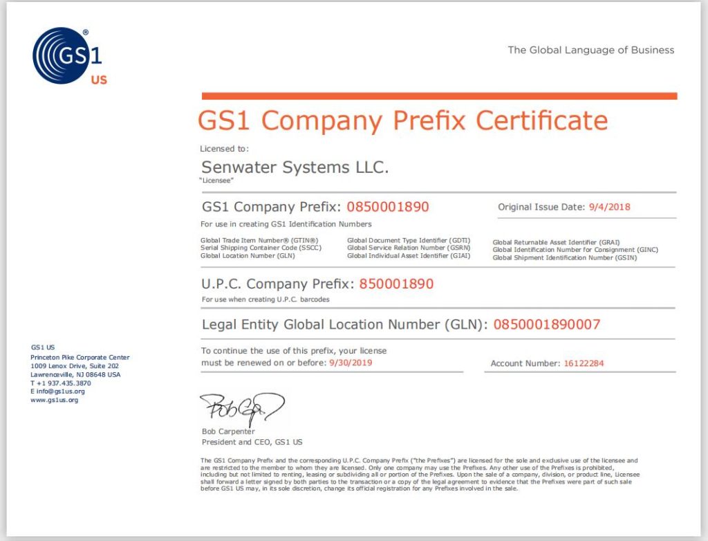 美国Senwater通过GS1北美编码中心注册认证